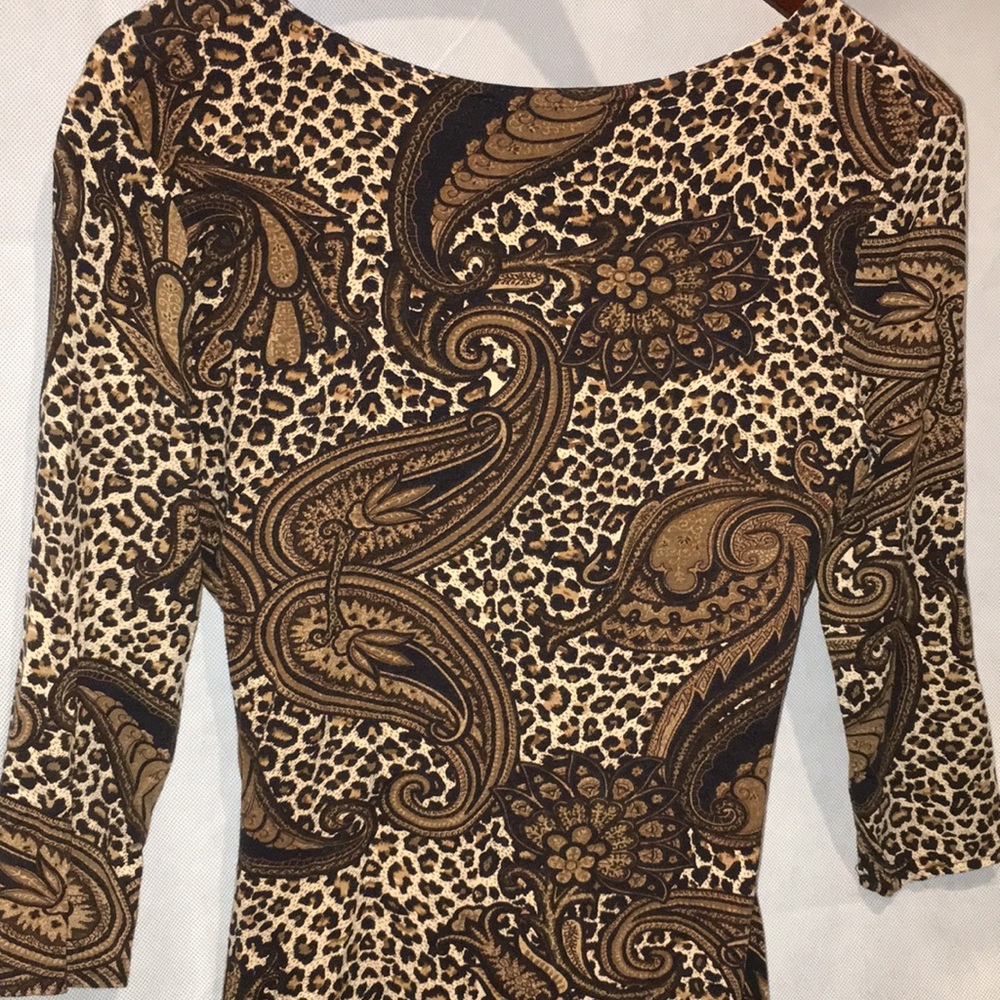 Joseph Ribkoff Brown Paisley And Leaopard Print V-Neck 3/4 sleeve Dress | 6 - Picture 7 of 8